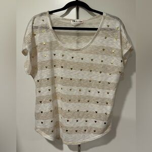 Gold Heart Embellished Cream Sparkle Top NWOT Large